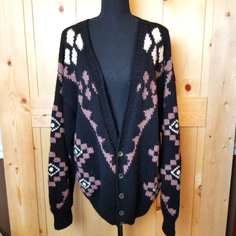 Henry Grethel  Wool Hand Knit Black Aztec Pattern Grandpa Cardigan Sweater